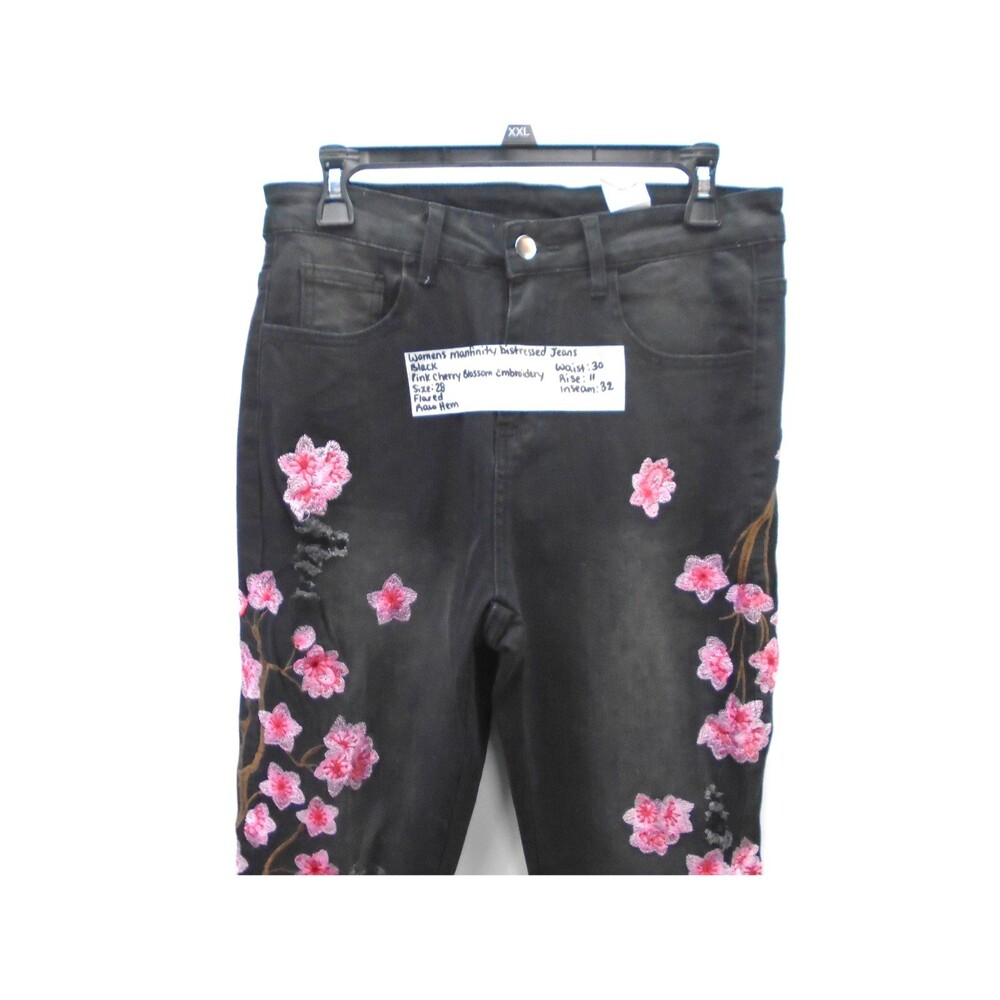 Manfinity Cherry Blossom Embroidered Stacked Jeans Womens Black Denim Size 28 - Picture 2 of 9